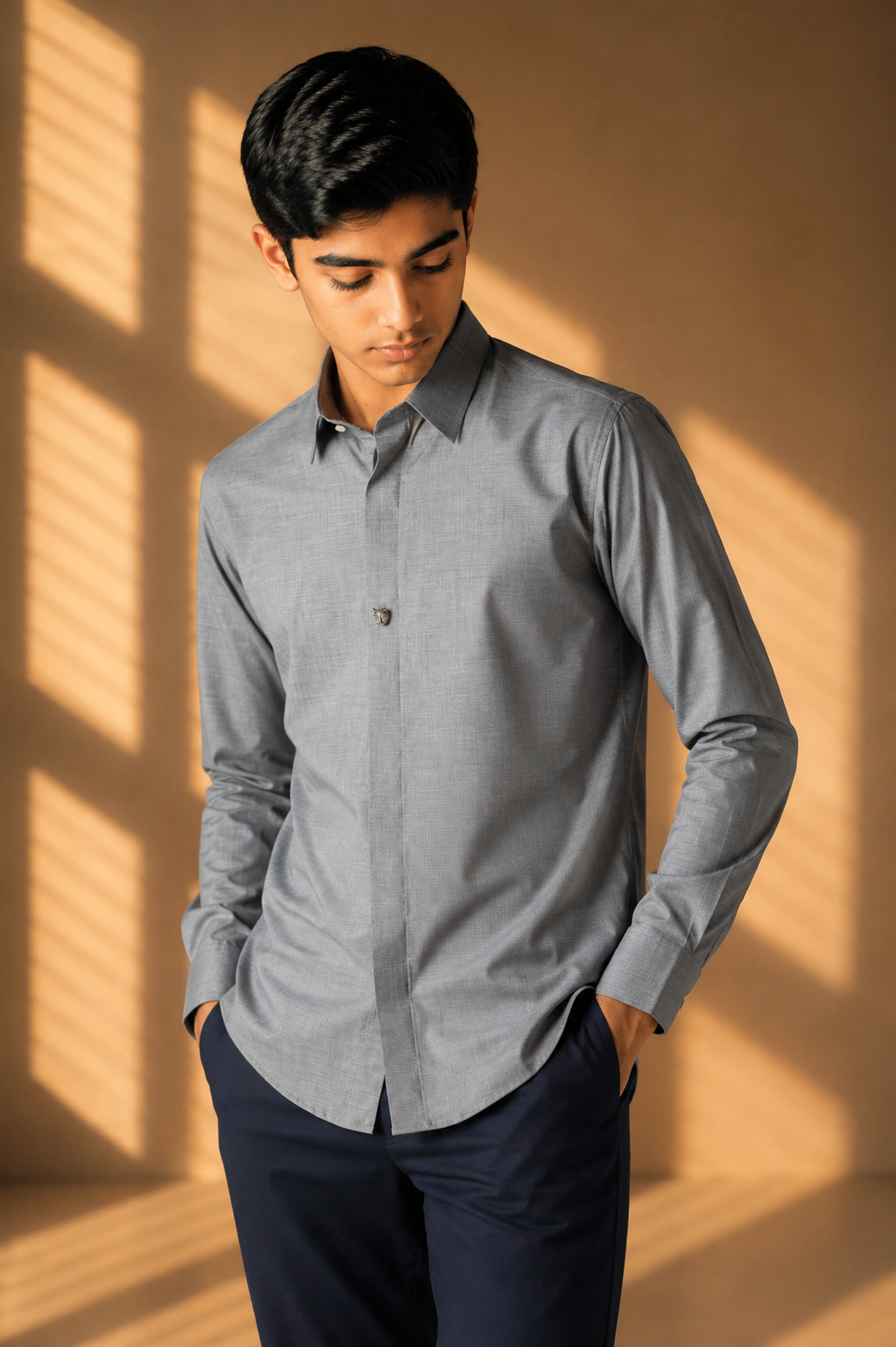Grey hidden button placket shirt with leopard button detailing
