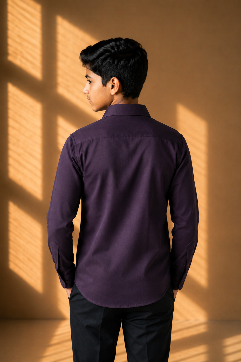 Purple shirt with abstract hand-embroidered metal motif