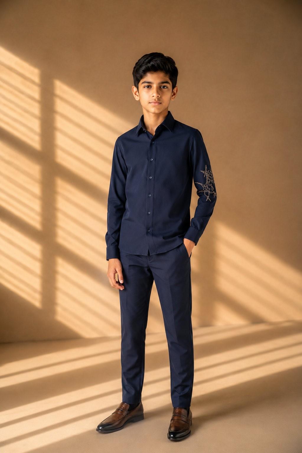 Navy blue shirt with hand-embroidered metallic motif on sleeve