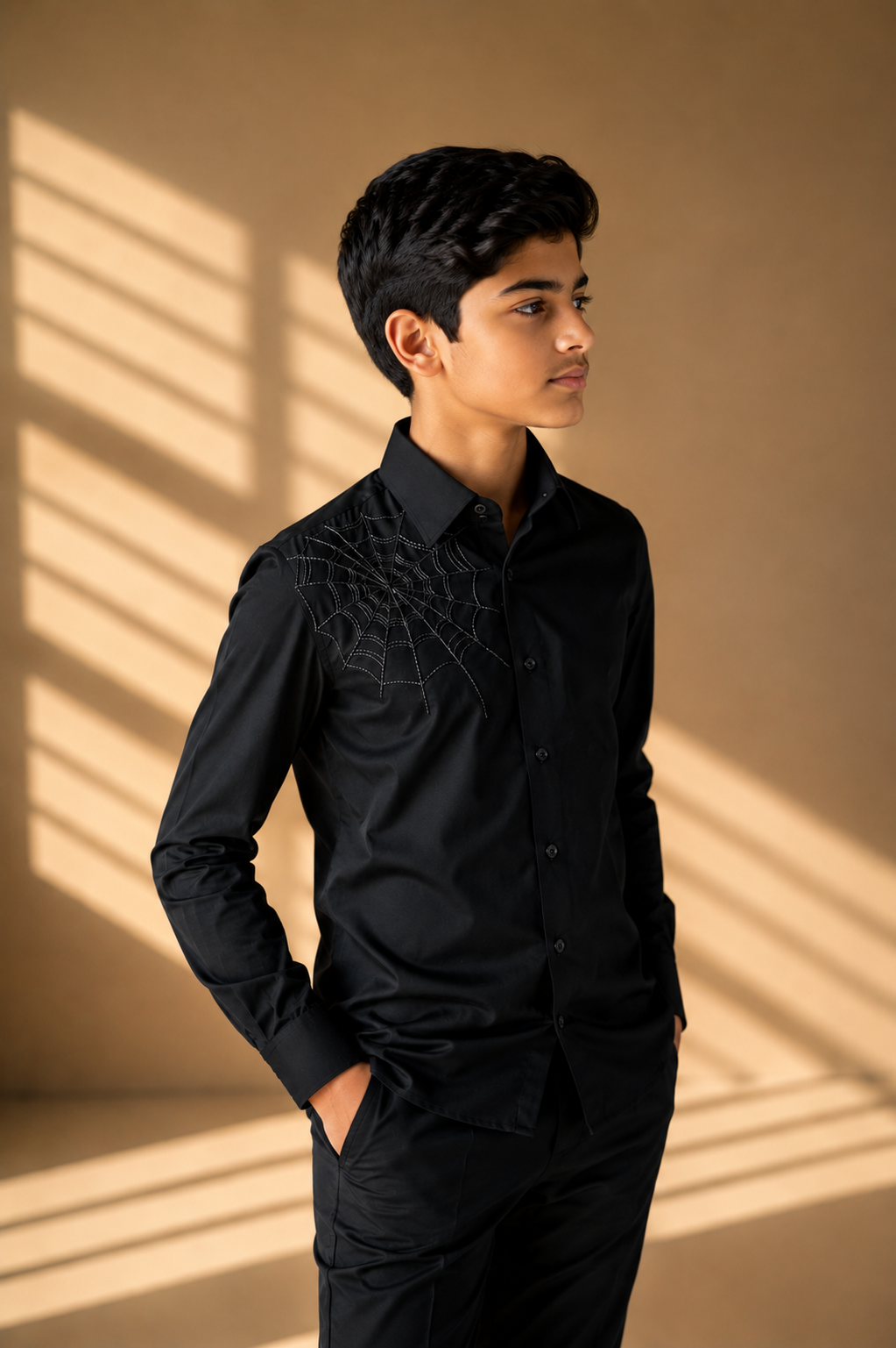 Black shirt with hand-embroidered spider web motif
