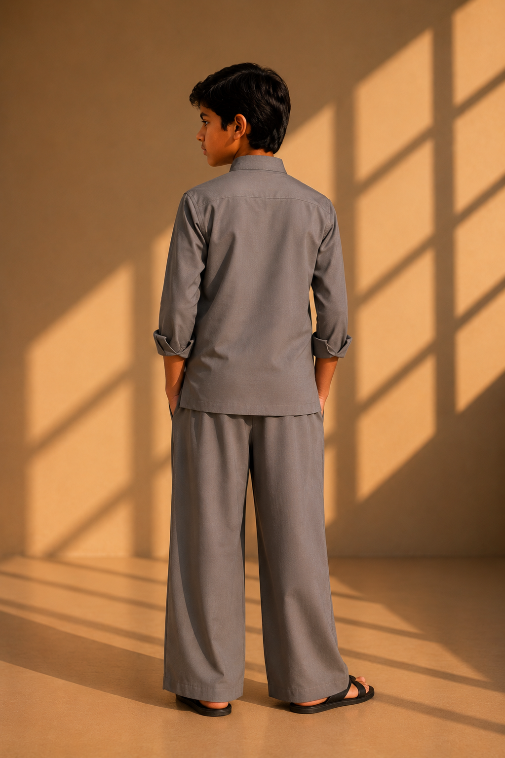 Mouse coloured shirt with asymmetrical cuts & thread embroidery detailing on the chest, paired with a matching plazzo