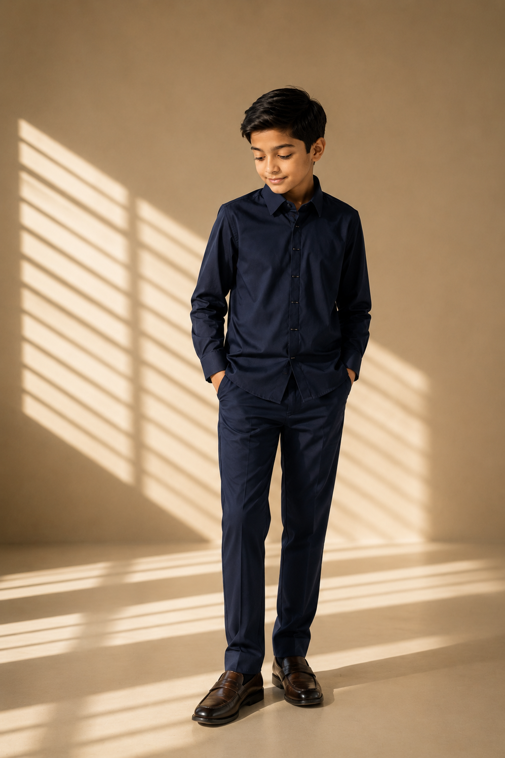Navy blue shirt with statement metallic buttons