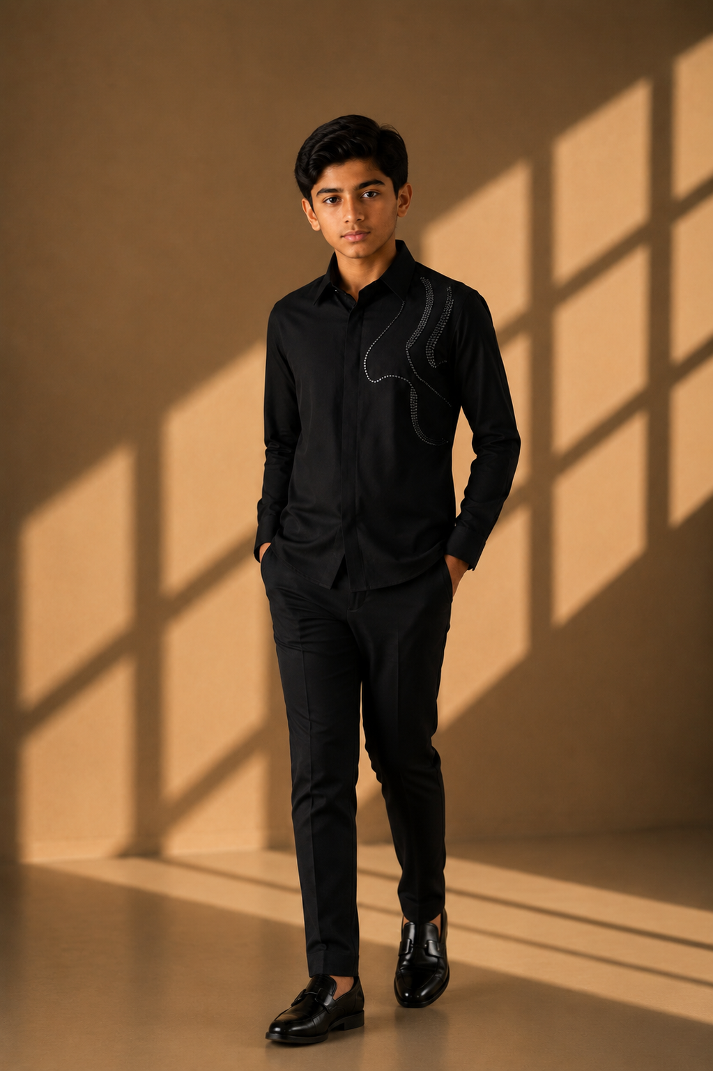 Black shirt with abstract metallic hand-embroidery