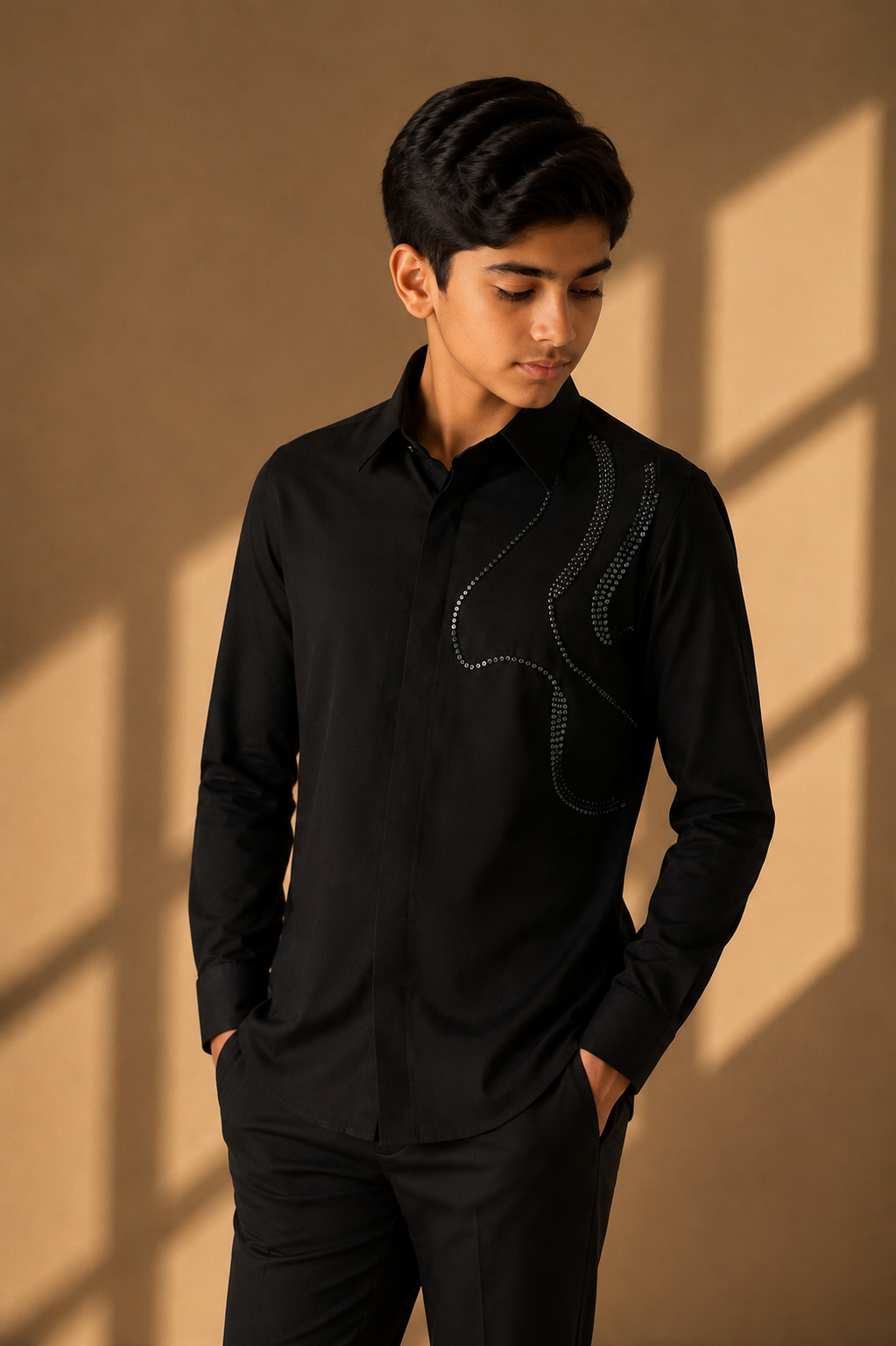 Black shirt with abstract metallic hand-embroidery