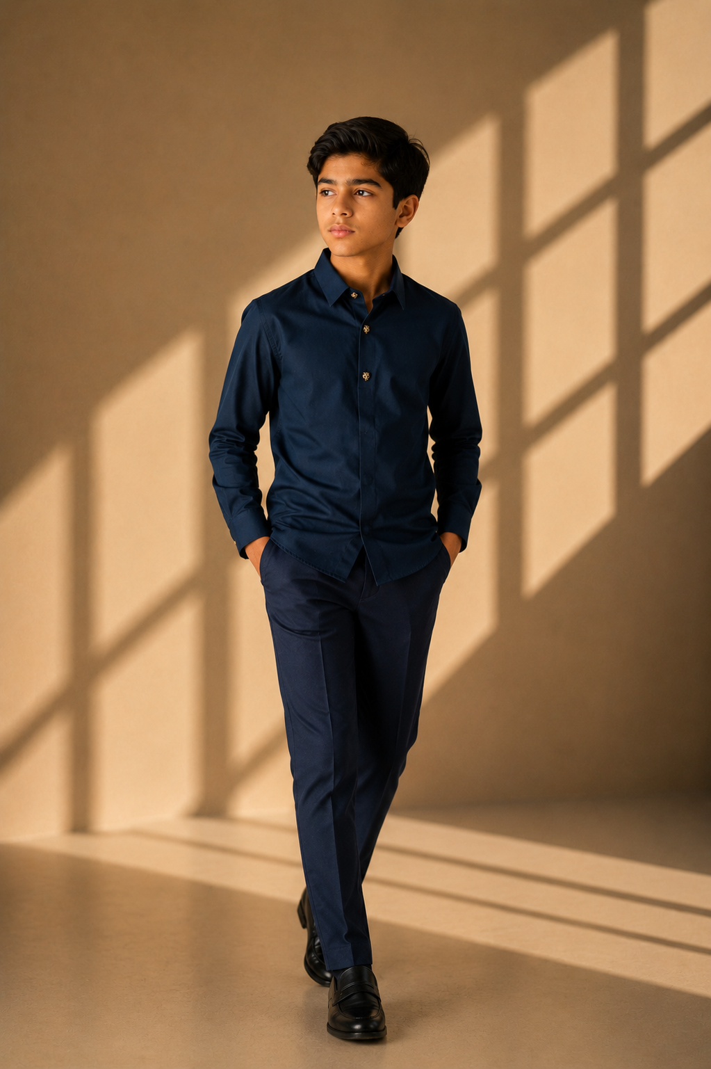 Navy blue hidden button placket shirt with leopard button detailing