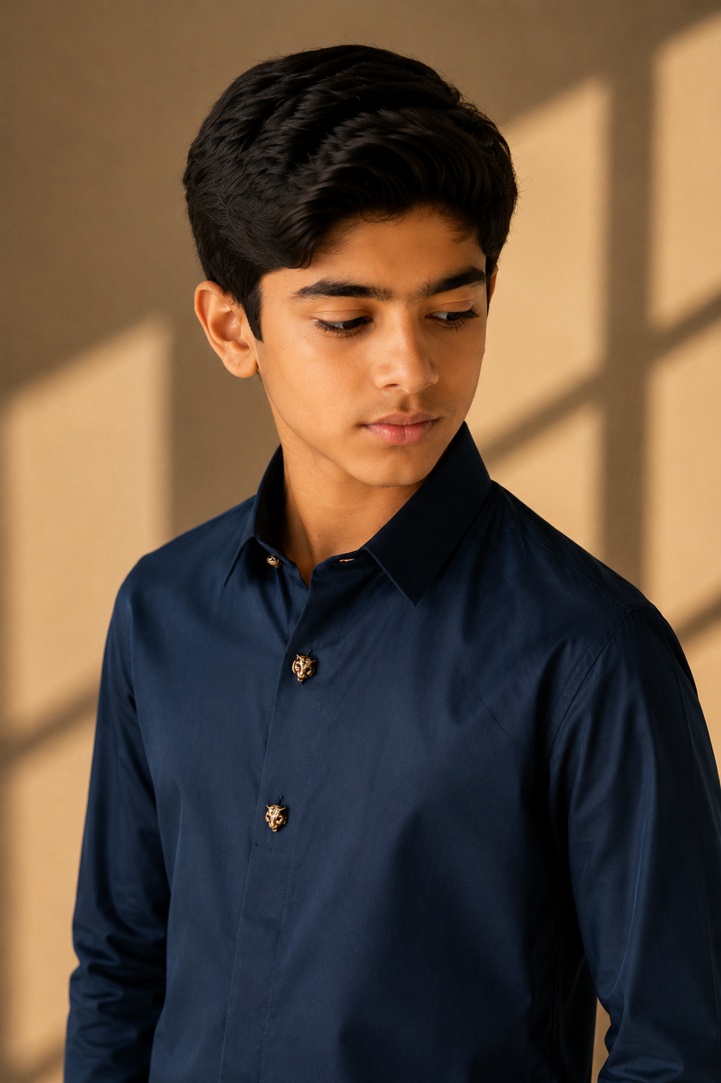 Navy blue hidden button placket shirt with leopard button detailing