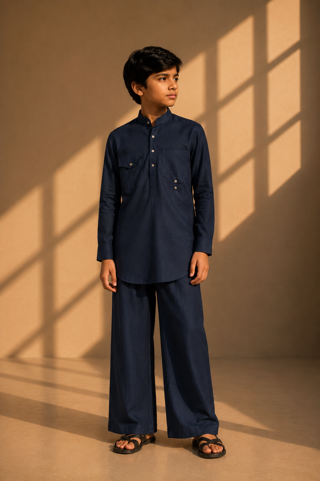 Navy blue linen short kurta with patch pocket detailing, paired with a matching plazzo