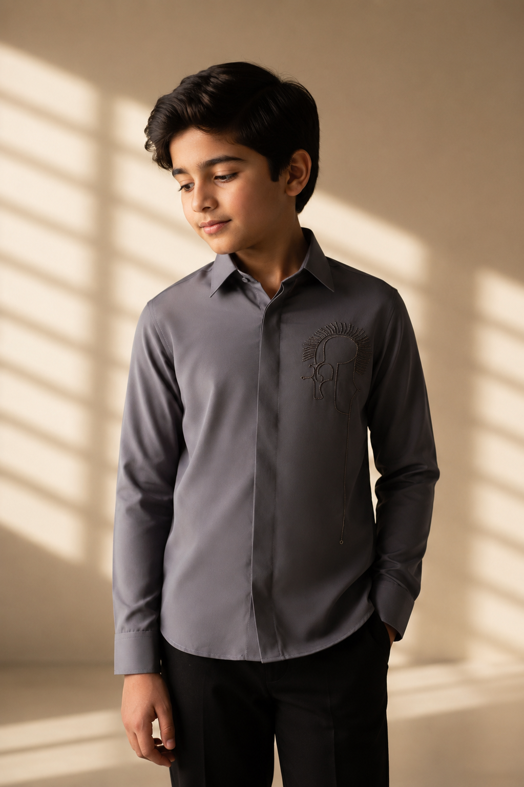Grey shirt with abstract hand-embroidered metal motif