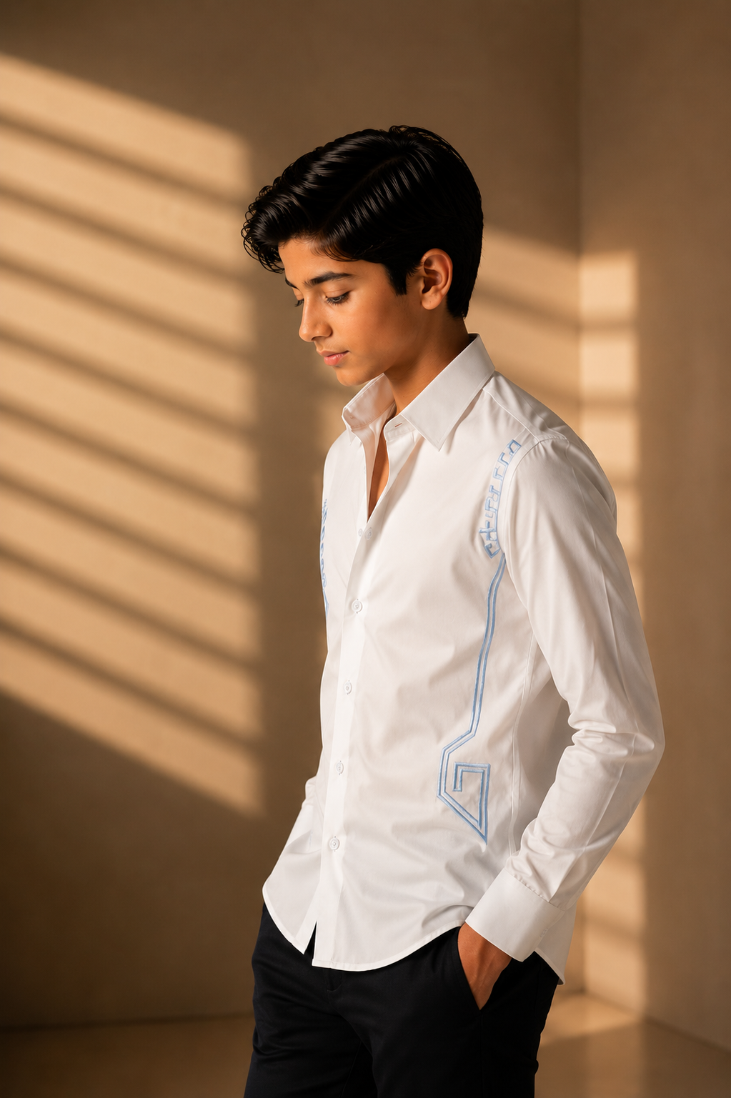 White shirt with embroidered sky blue geometrical motifs