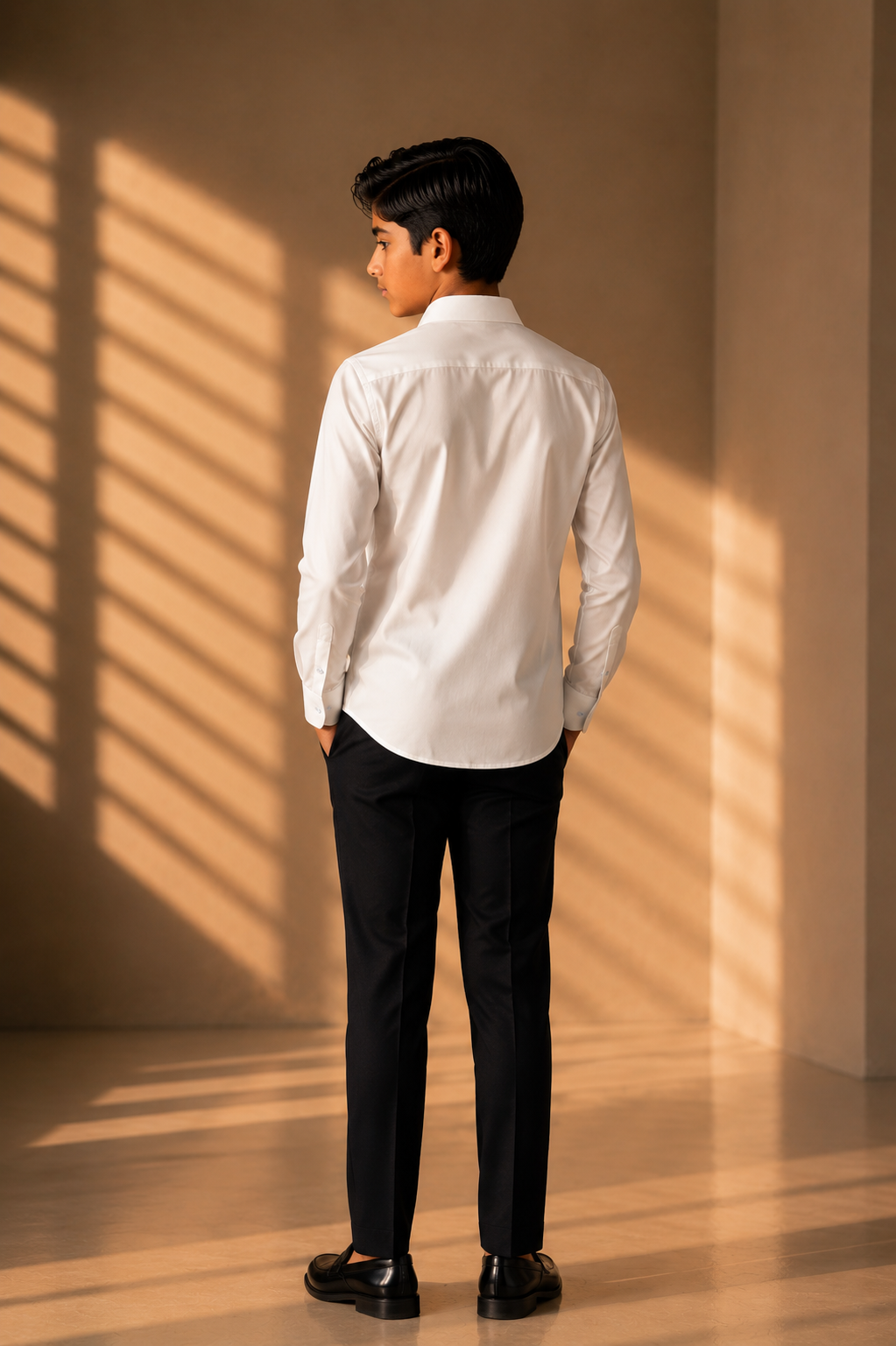 White shirt with embroidered sky blue geometrical motifs