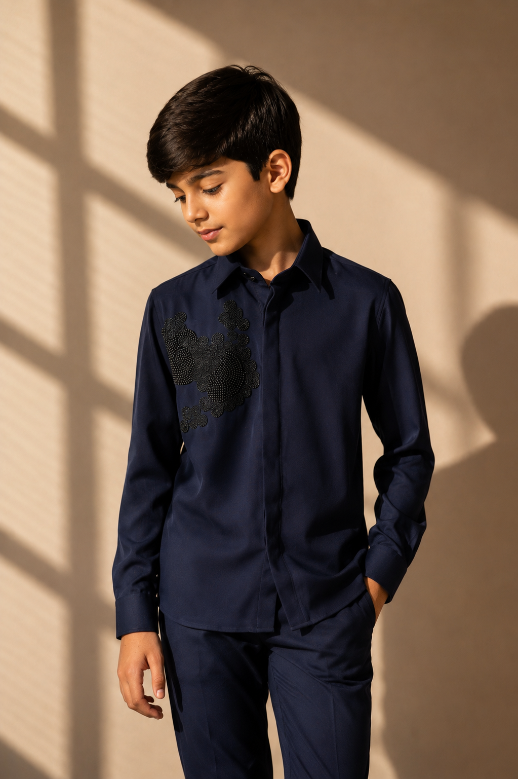 Navy blue shirt with hand-embroidered black pearl & beads cluster