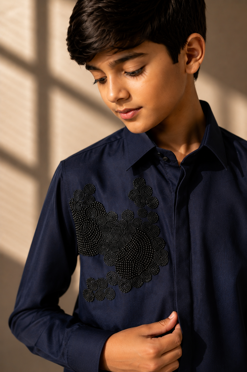 Navy blue shirt with hand-embroidered black pearl & beads cluster
