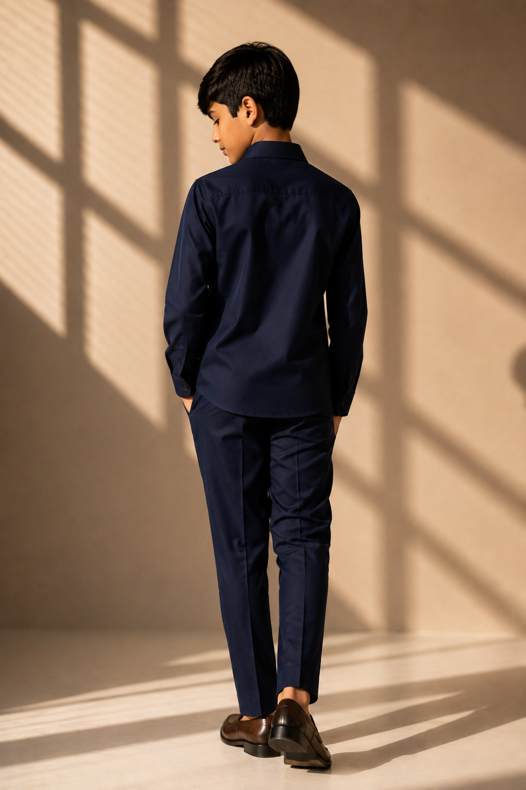 Navy blue shirt with hand-embroidered black pearl & beads cluster