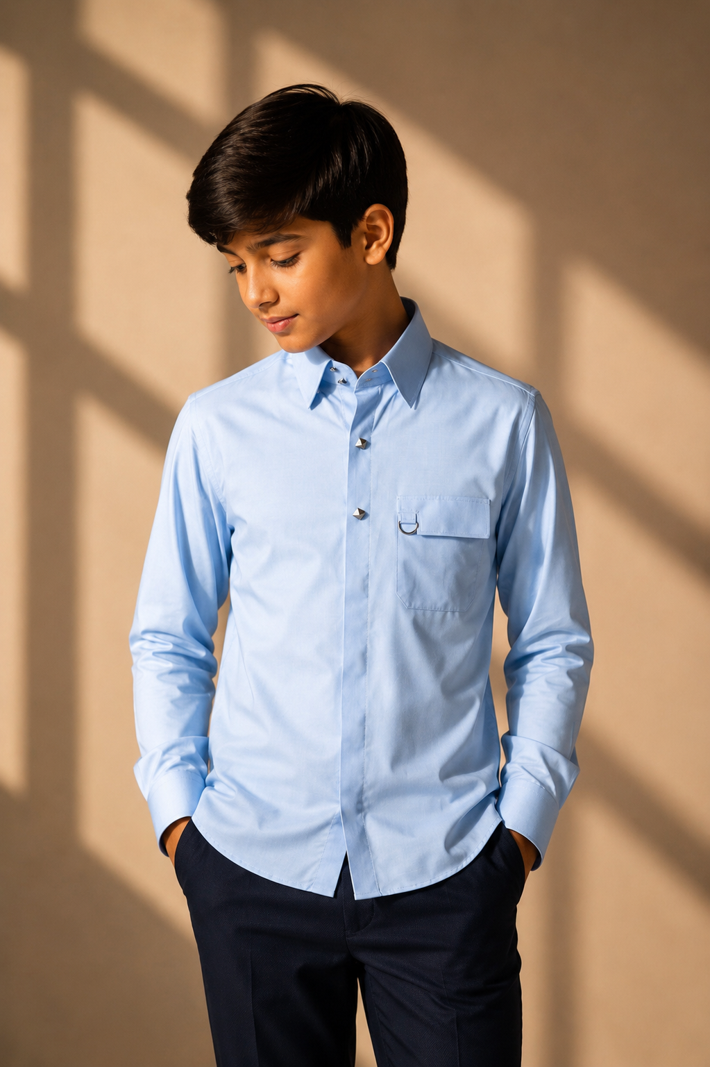Sky blue with metallic buttons, patch pocket & buckle detailing