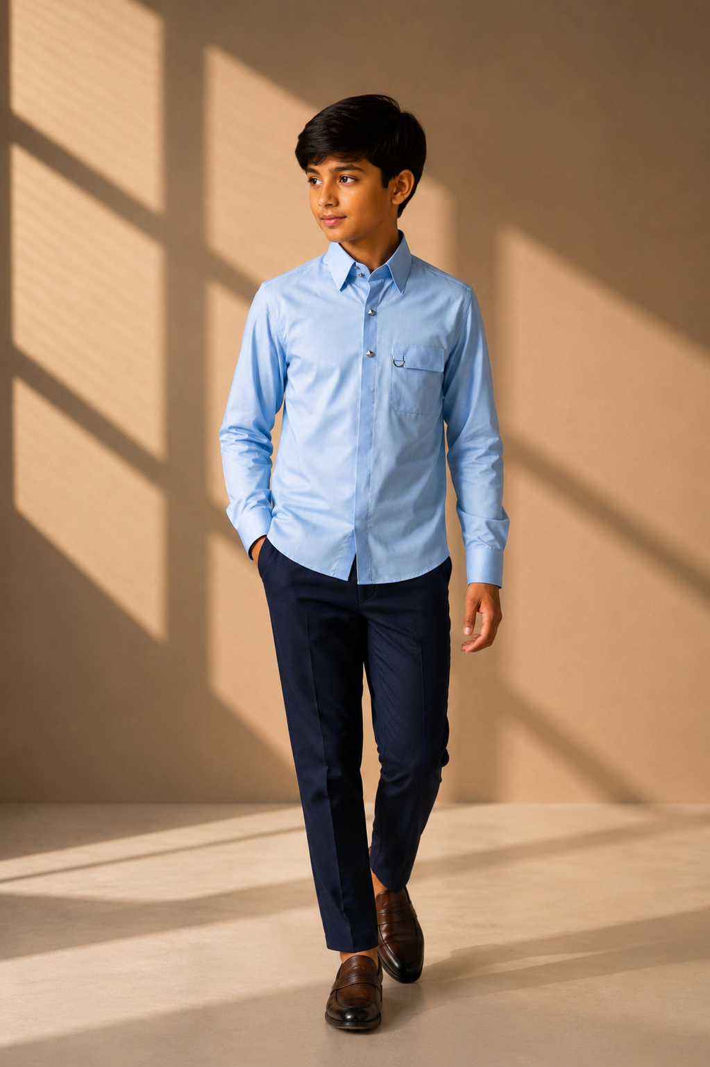 Sky blue with metallic buttons, patch pocket & buckle detailing