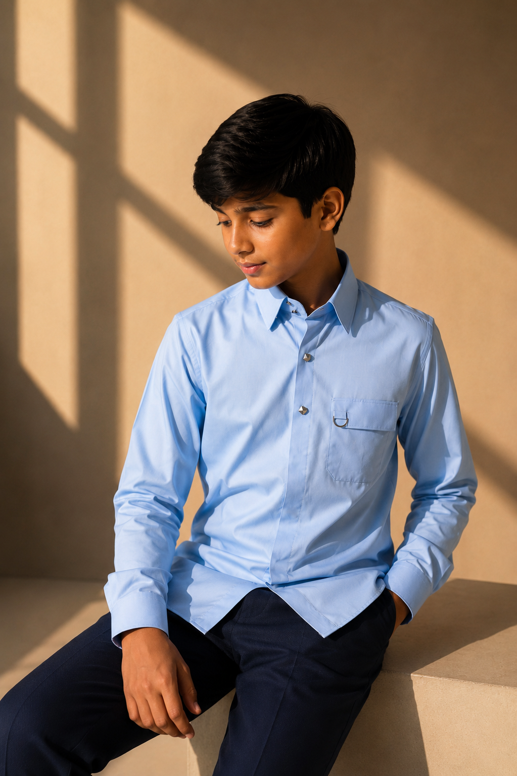 Sky blue with metallic buttons, patch pocket & buckle detailing