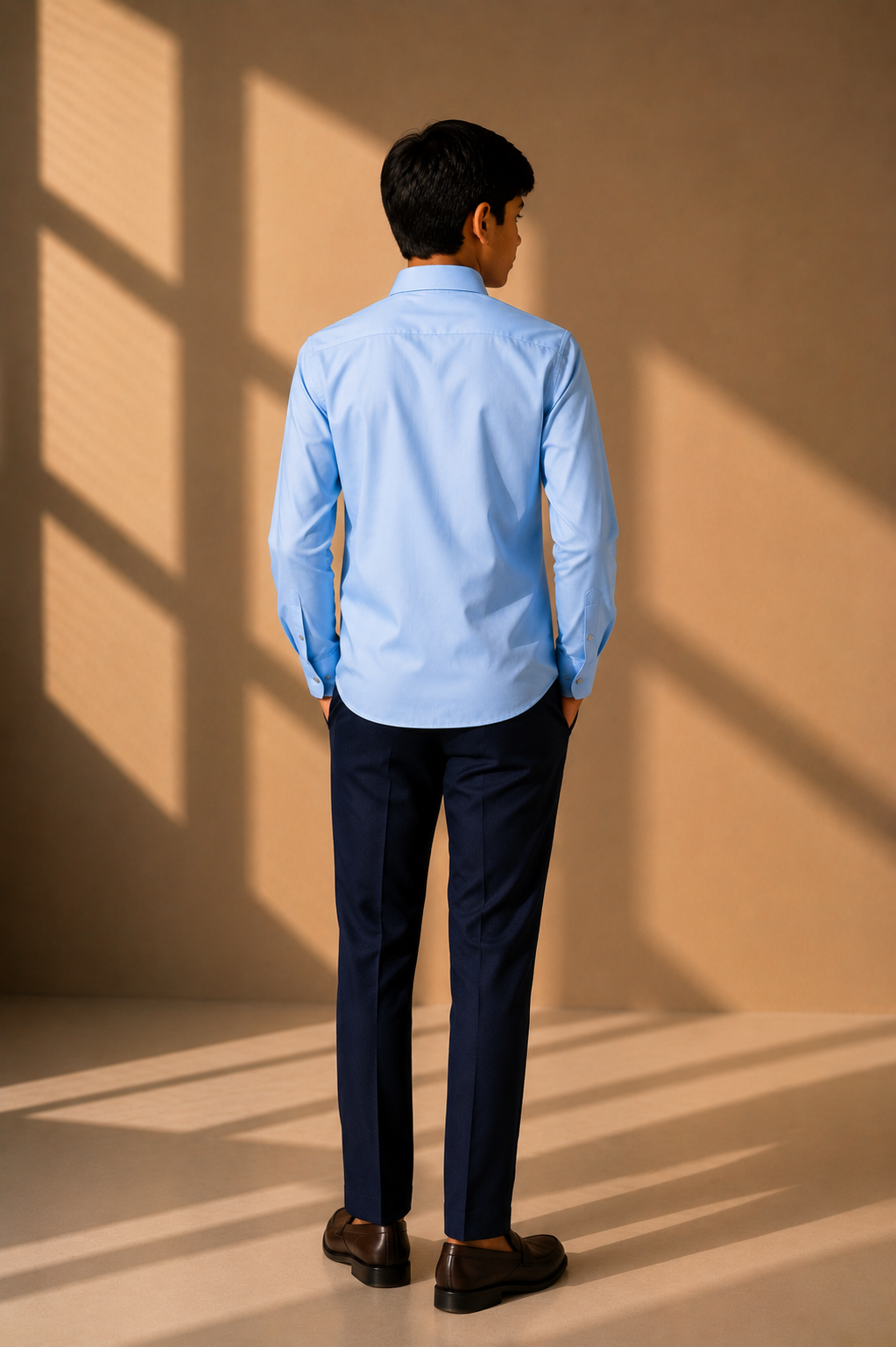Sky blue with metallic buttons, patch pocket & buckle detailing