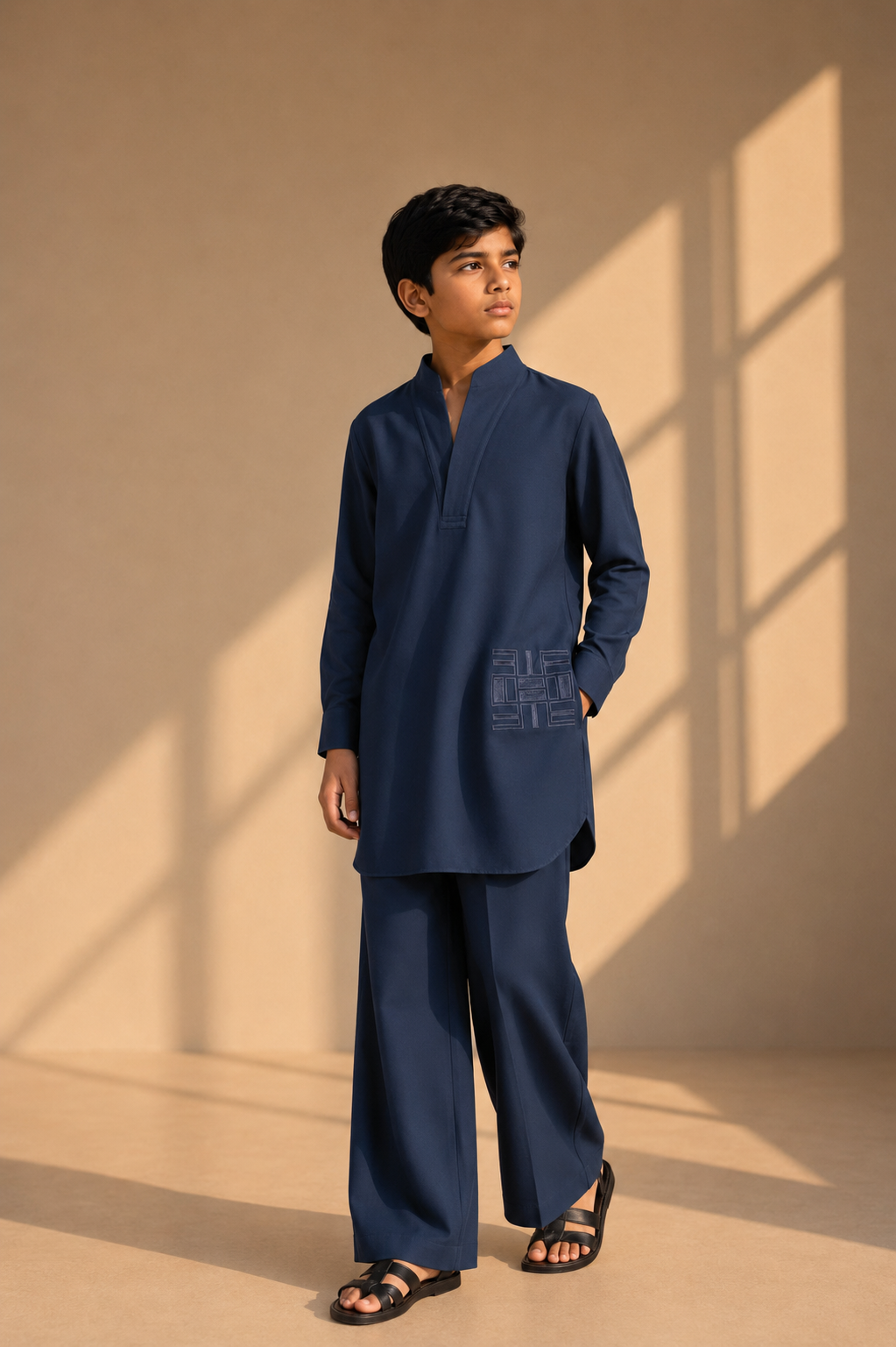Navy blue short crepe kurta with thread embroidery detailing on the waist, paired with a matching plazzo