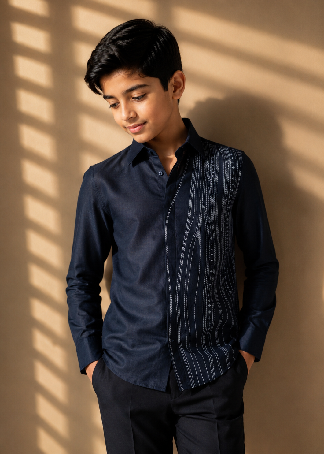 Navy blue linen shirt with wave-inspired contrast embroidery