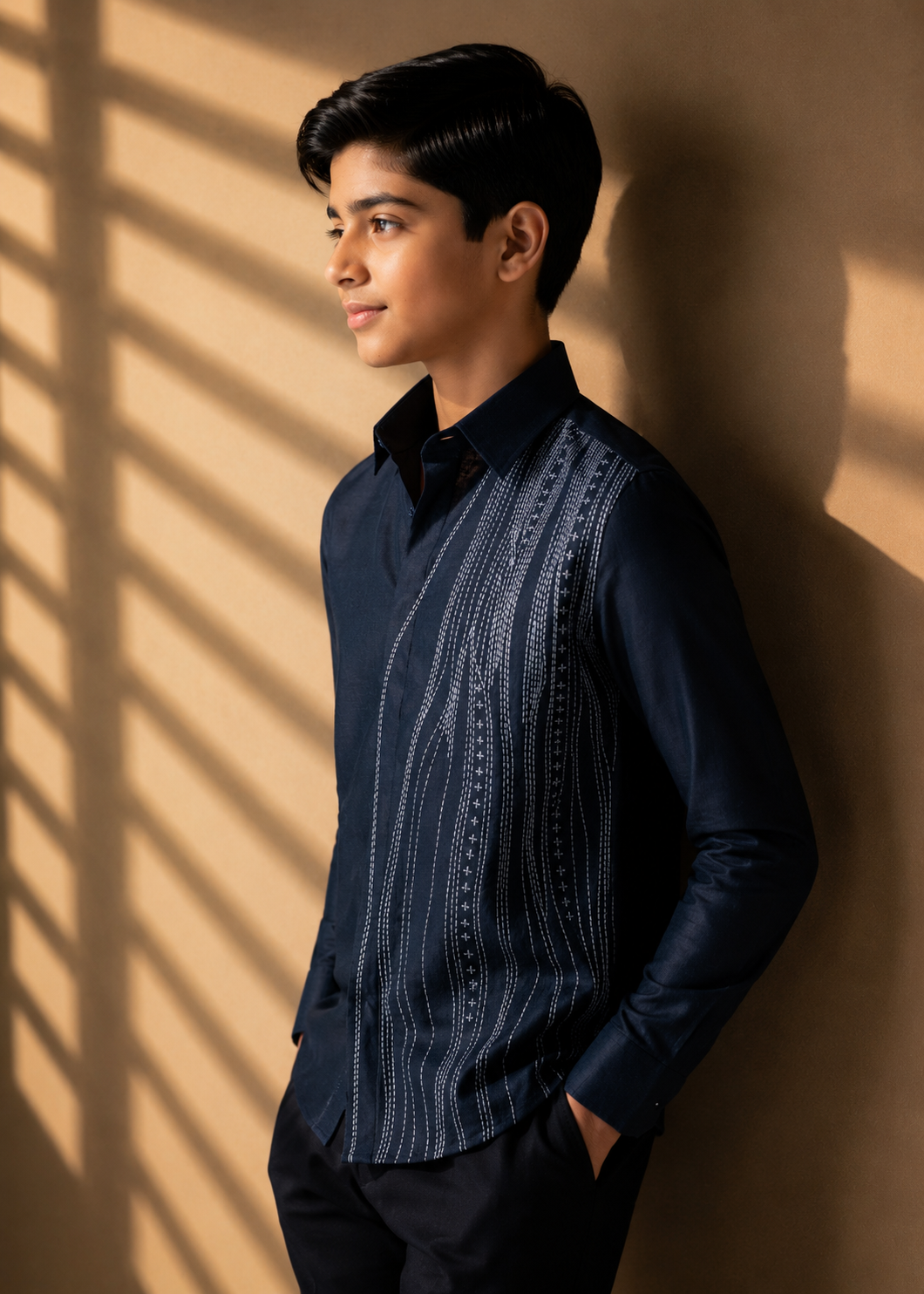 Navy blue linen shirt with wave-inspired contrast embroidery