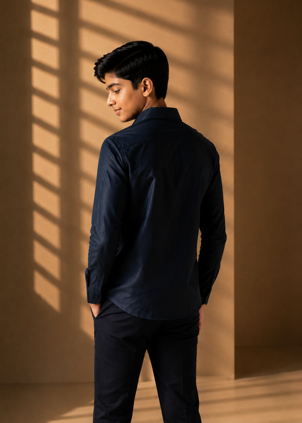Navy blue linen shirt with wave-inspired contrast embroidery