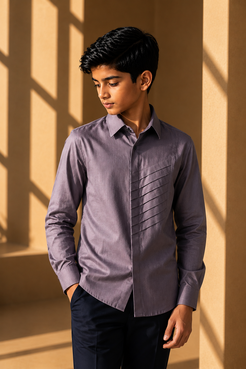 Mauve linen shirt with pleating details