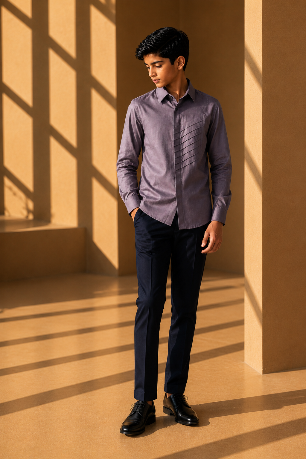 Mauve linen shirt with pleating details