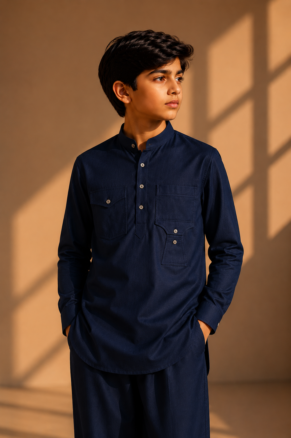 Navy blue linen short kurta with patch pocket detailing, paired with a matching plazzo