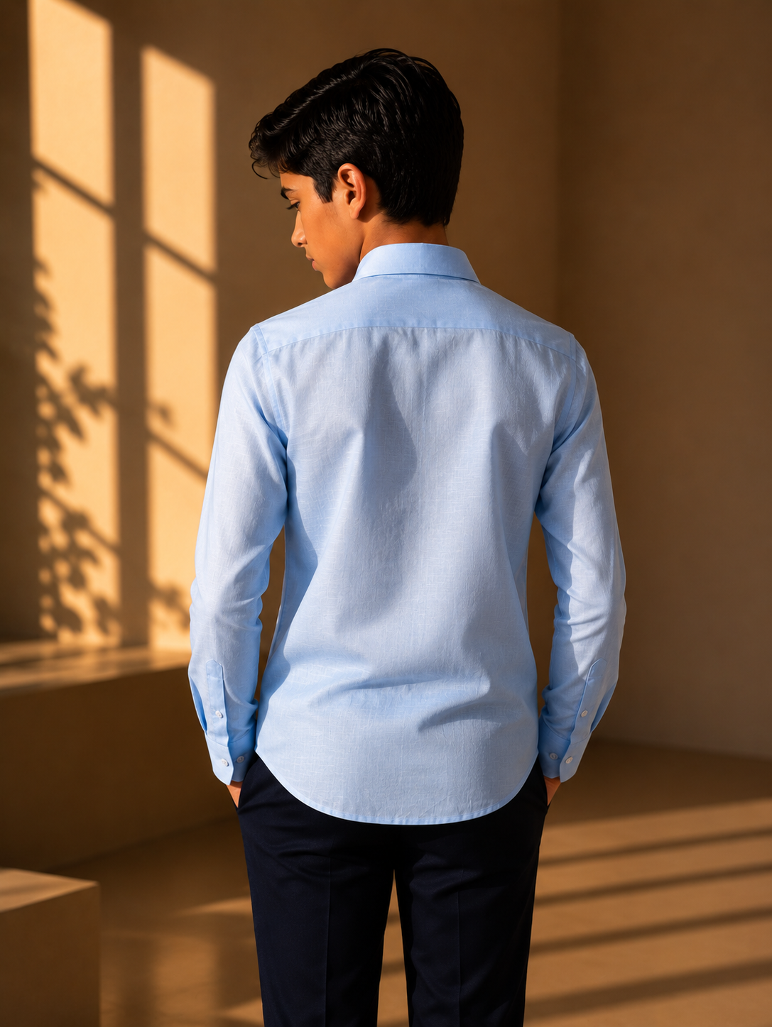 Sky blue linen shirt with embroidered floral motif