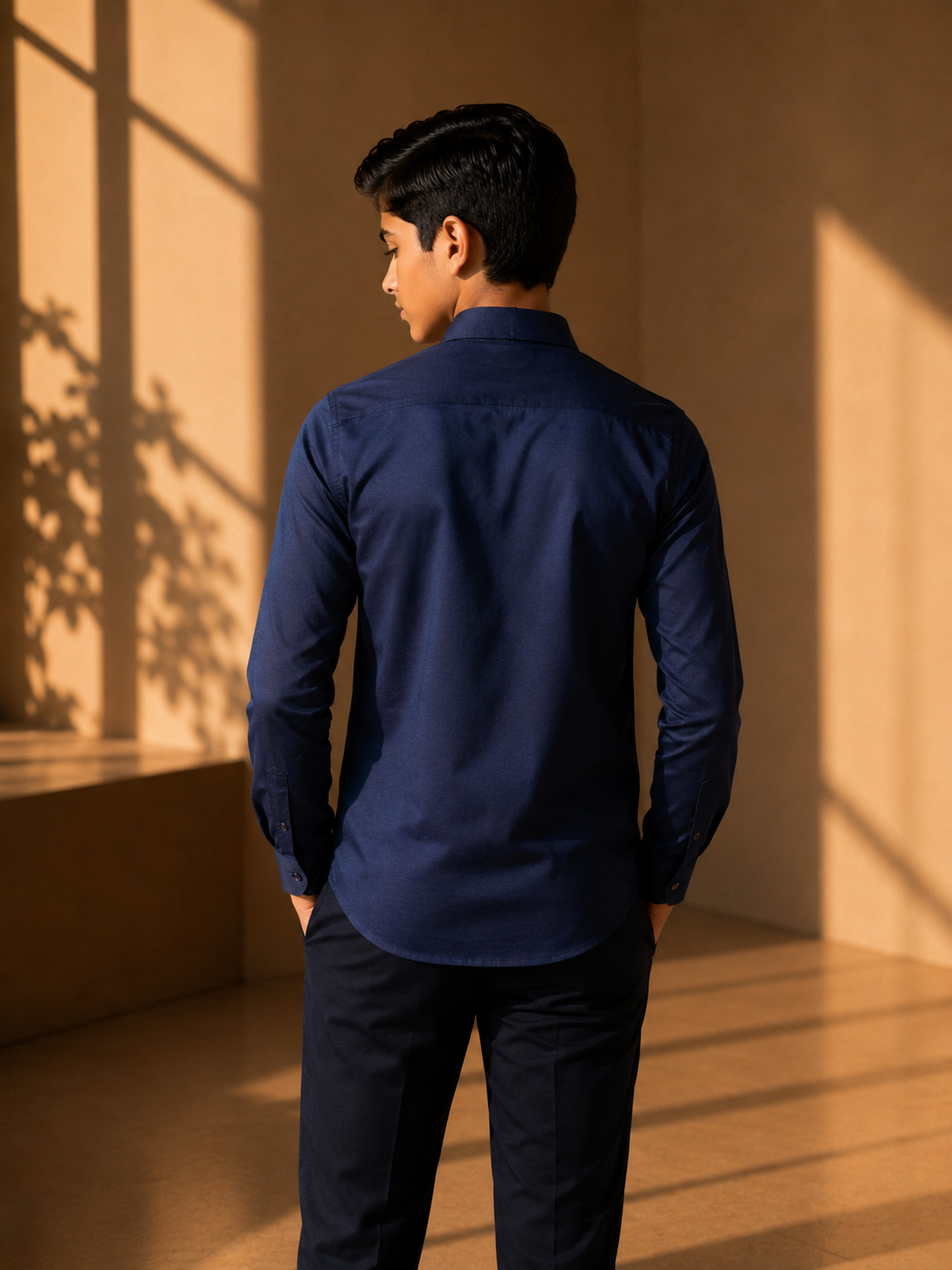 Navy blue knit shirt with embroidered multi-coloured Reindeer motif