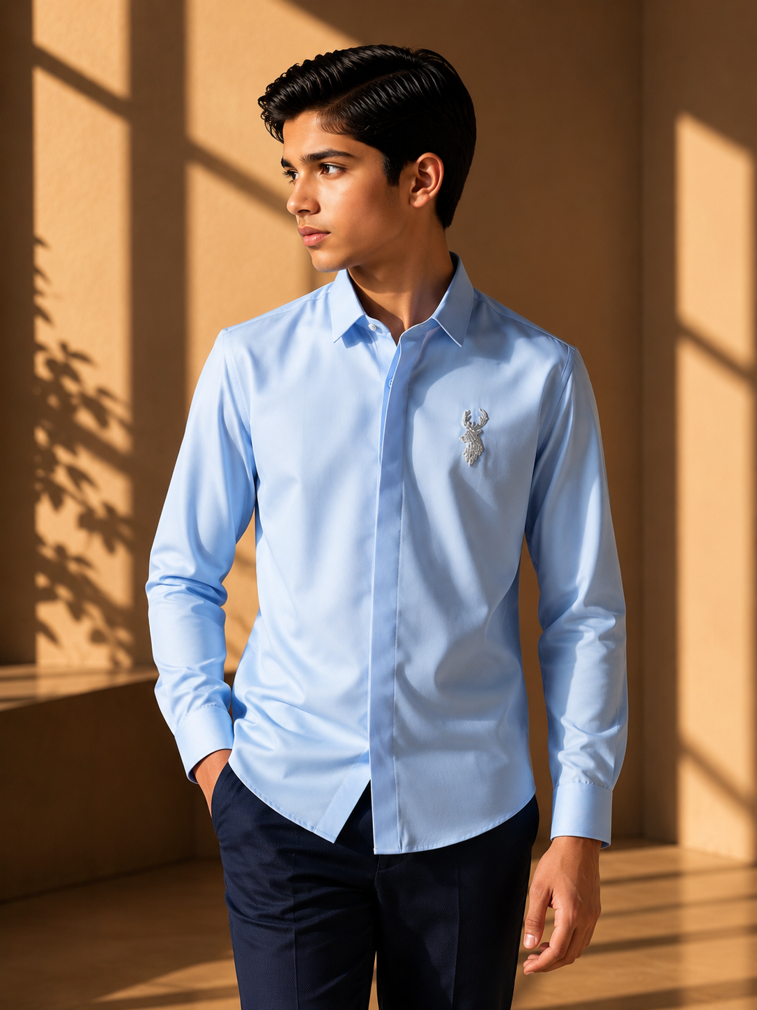 Sky blue shirt with metallic hand-embroidered Reindeer motif