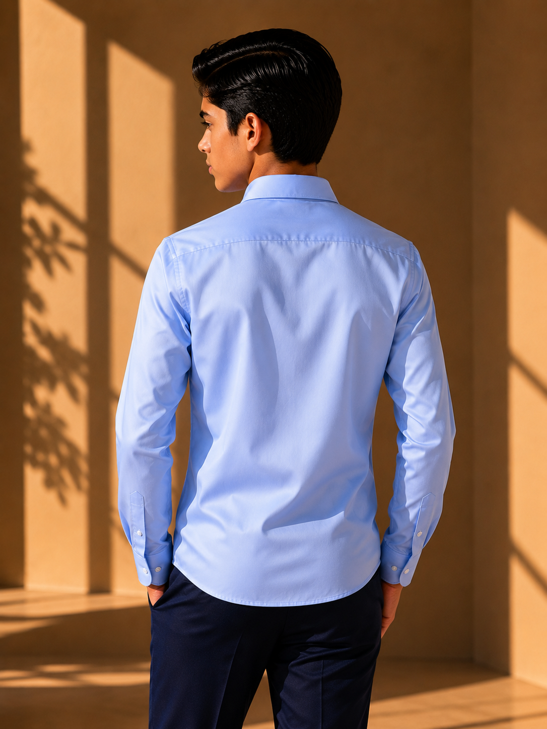 Sky blue shirt with metallic hand-embroidered Reindeer motif