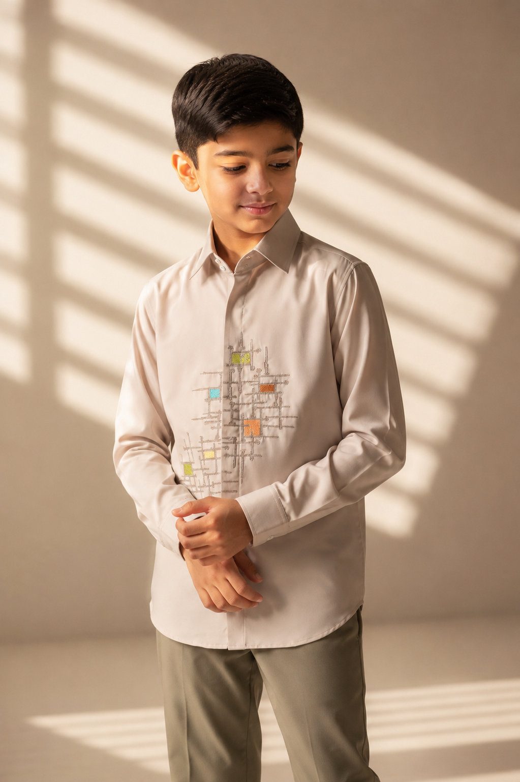 Beige shirt with abstract multi-coloured, geometrical embroidery