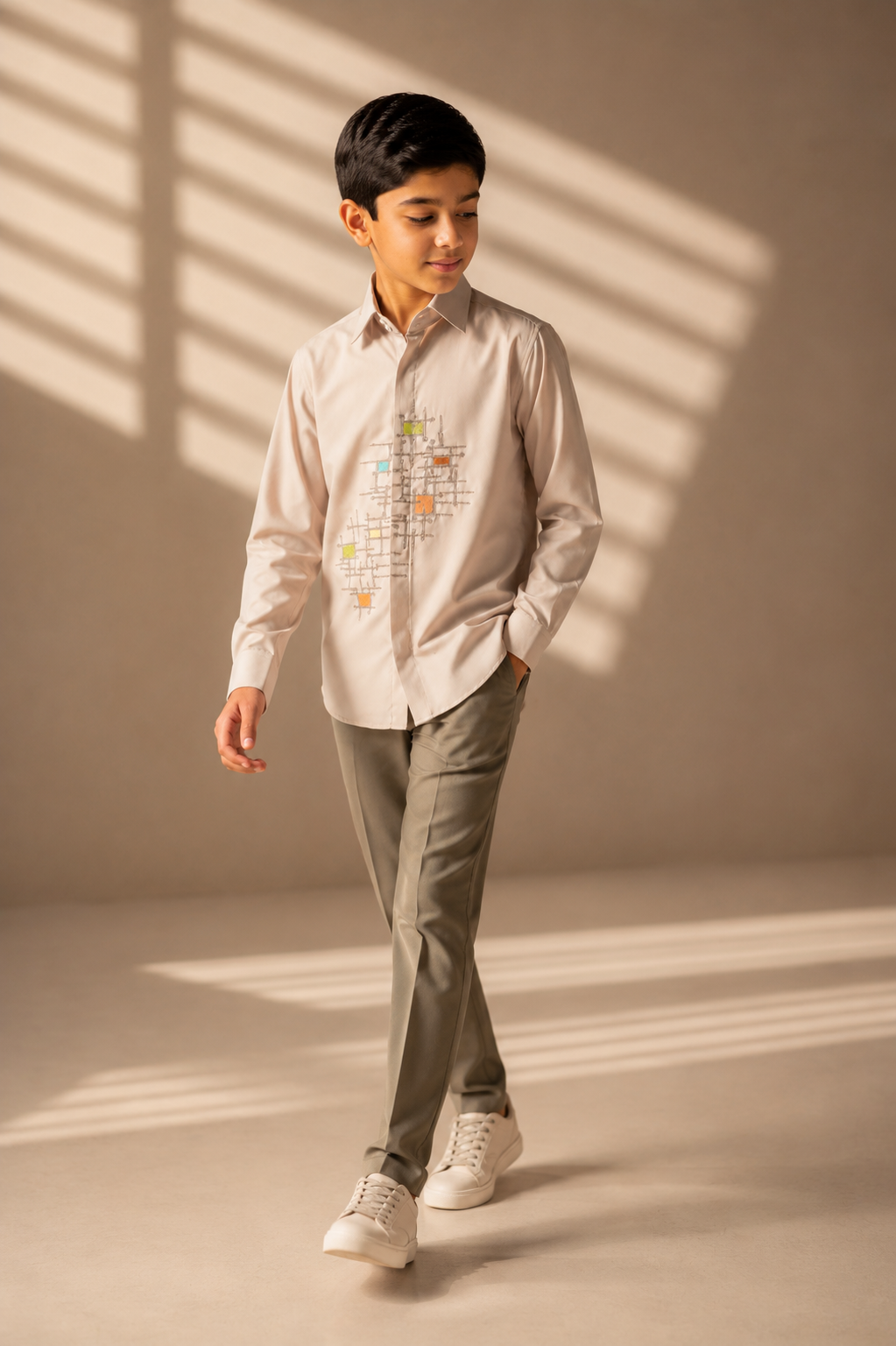 Beige shirt with abstract multi-coloured, geometrical embroidery