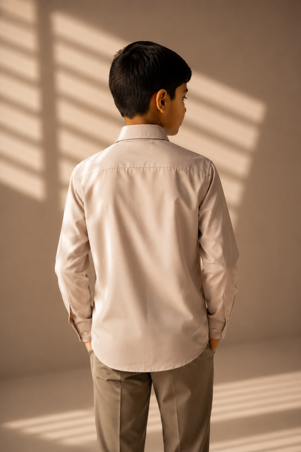 Beige shirt with abstract multi-coloured, geometrical embroidery