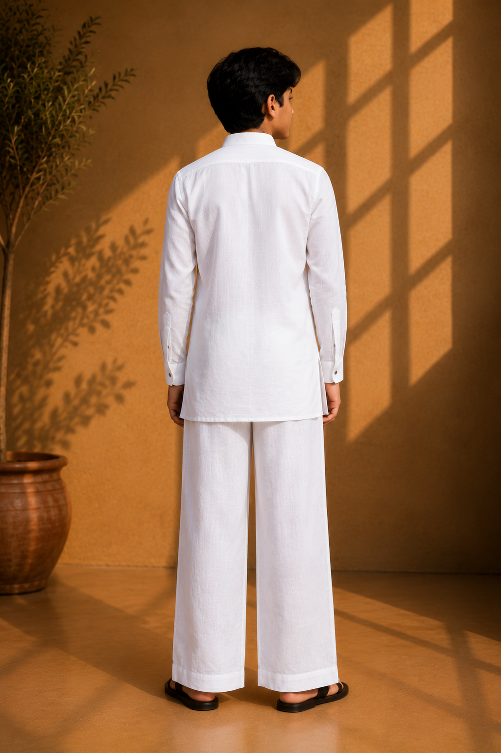 White short linen kurta with patch pocket & pintucks detailing, paired with a matching plazzo