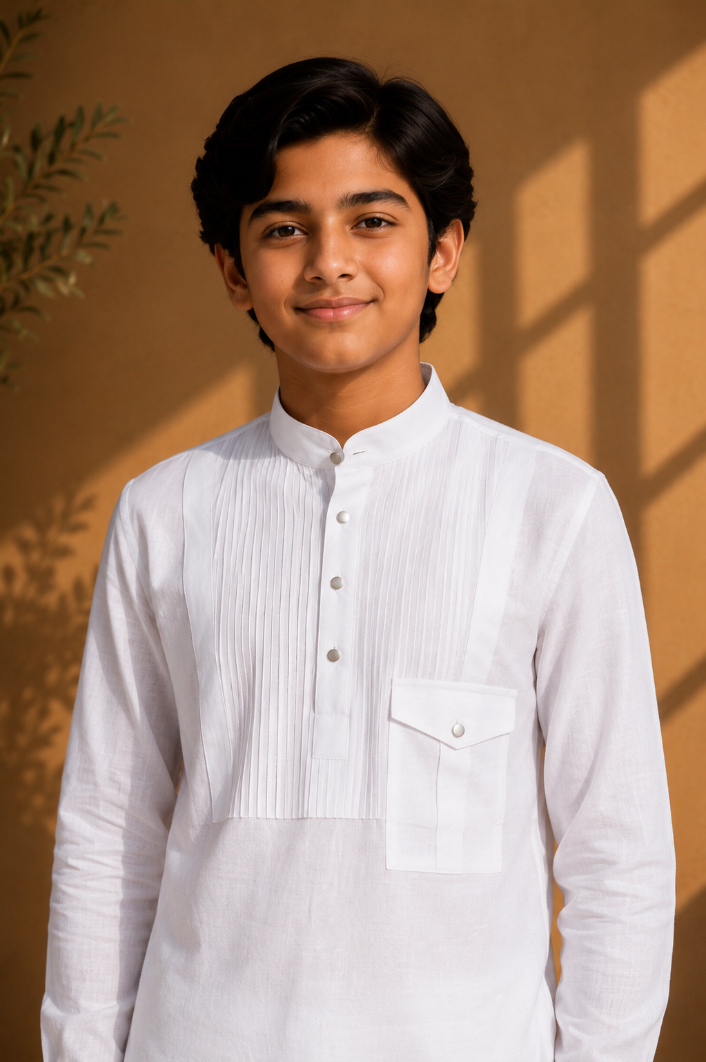 White short linen kurta with patch pocket & pintucks detailing, paired with a matching plazzo