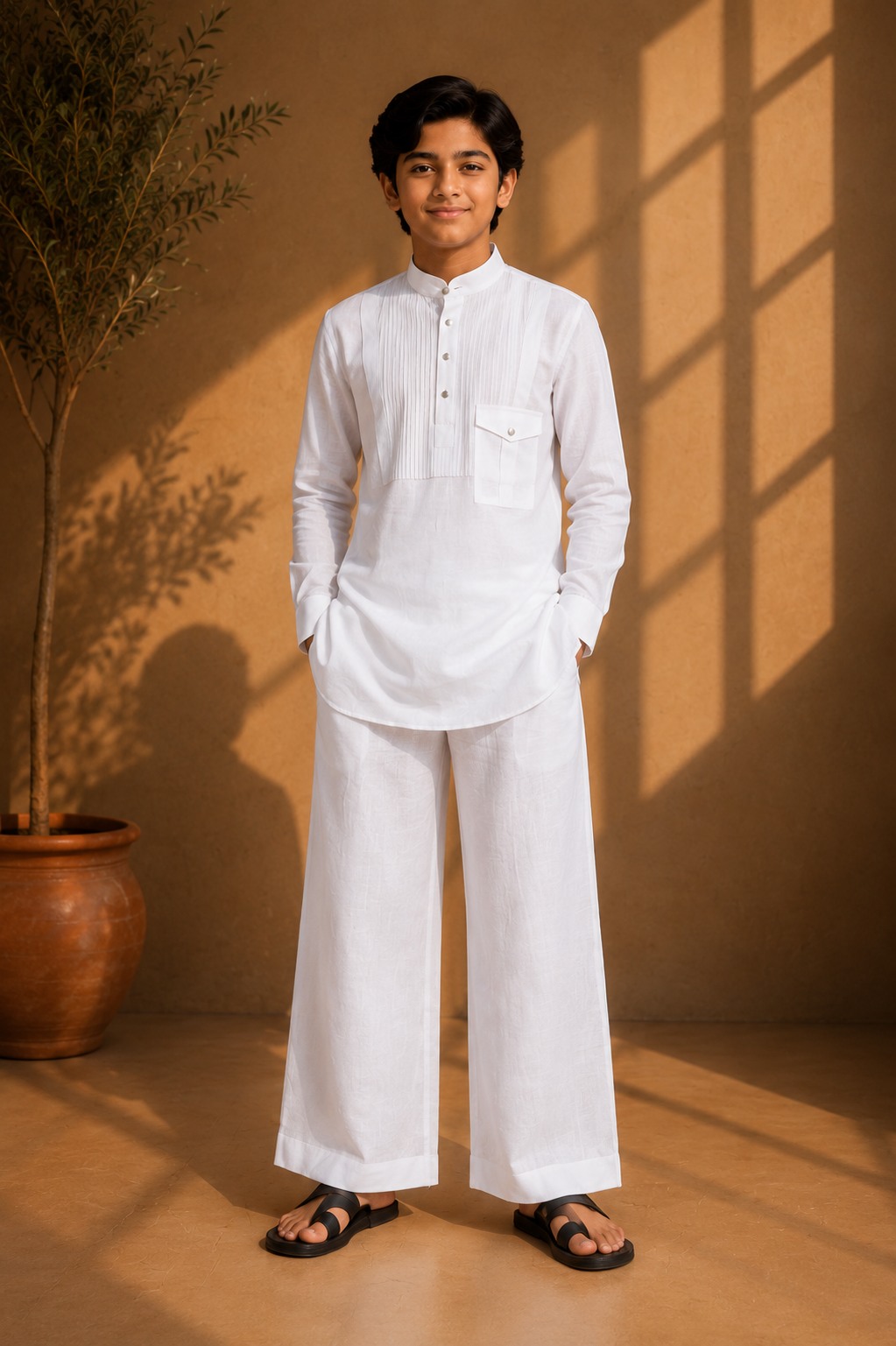 White short linen kurta with patch pocket & pintucks detailing, paired with a matching plazzo