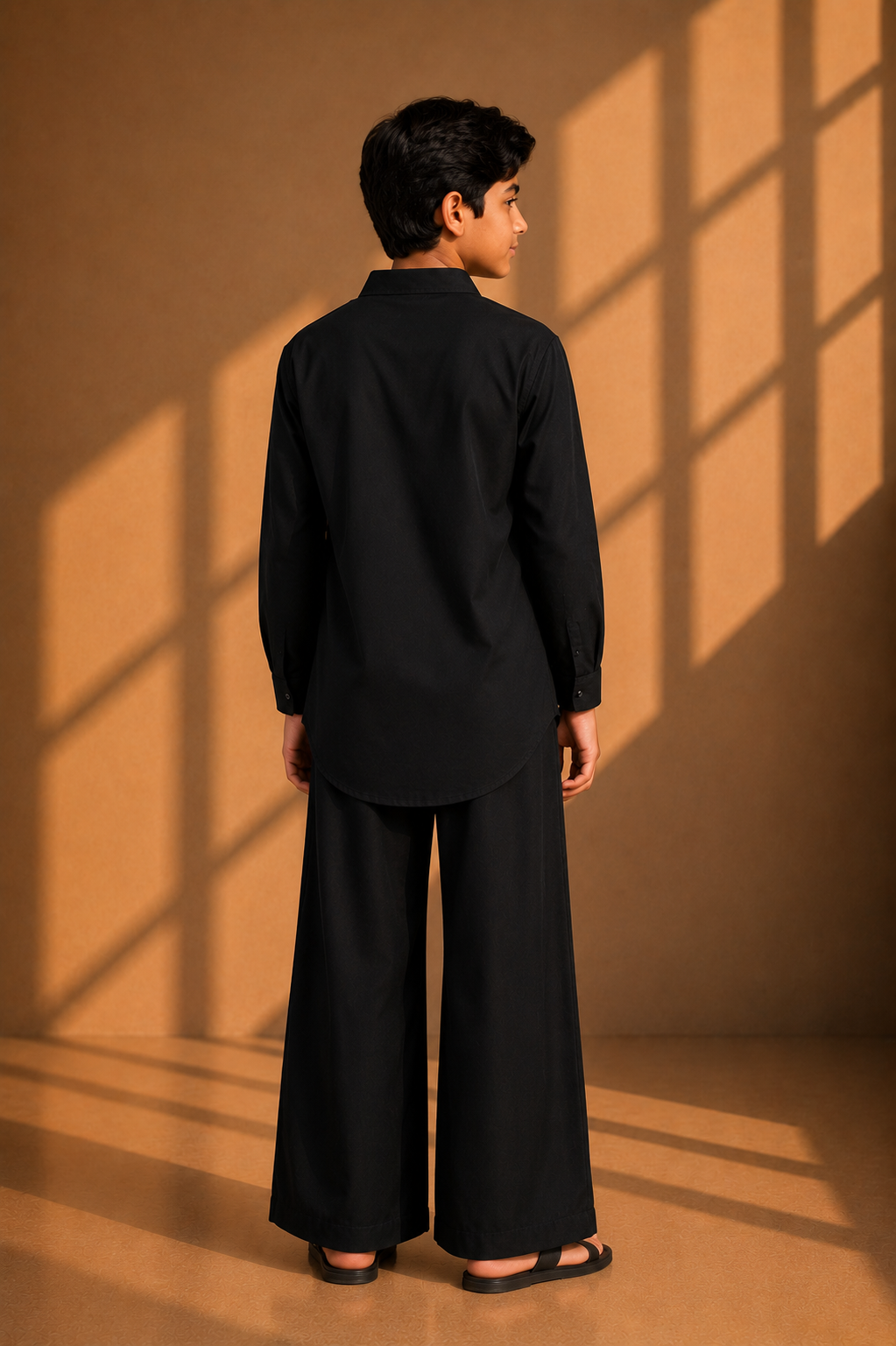 Black short crepe, cowl-neck kurta with thread embroidery detailing, paired with a matching plazzo