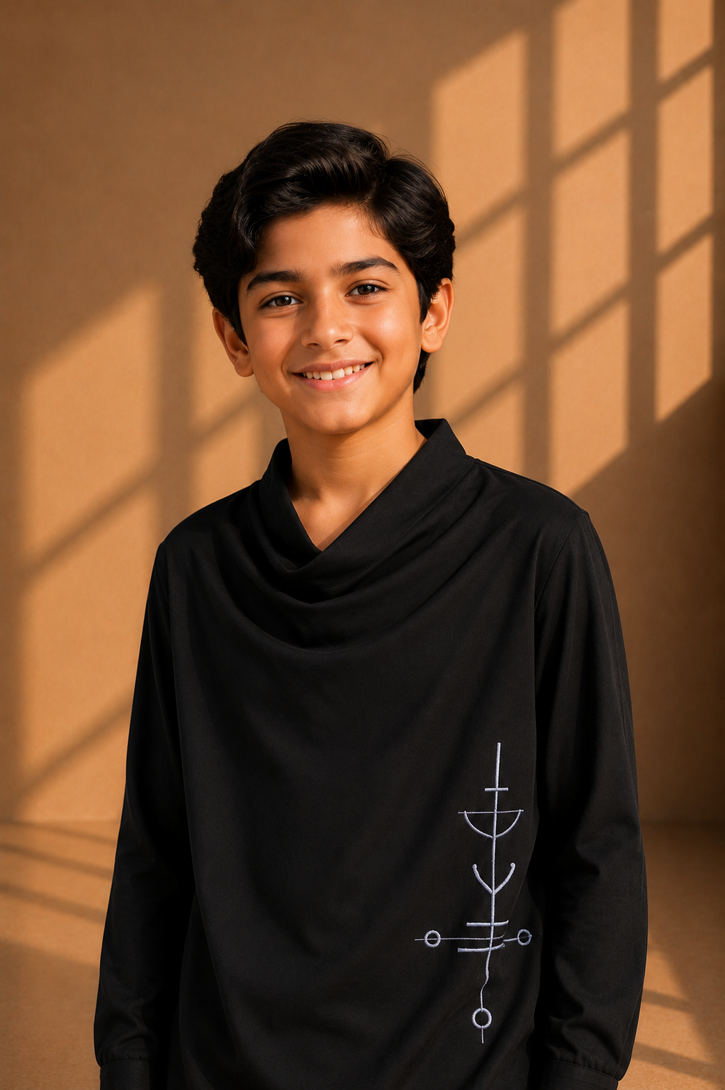 Black short crepe, cowl-neck kurta with thread embroidery detailing, paired with a matching plazzo