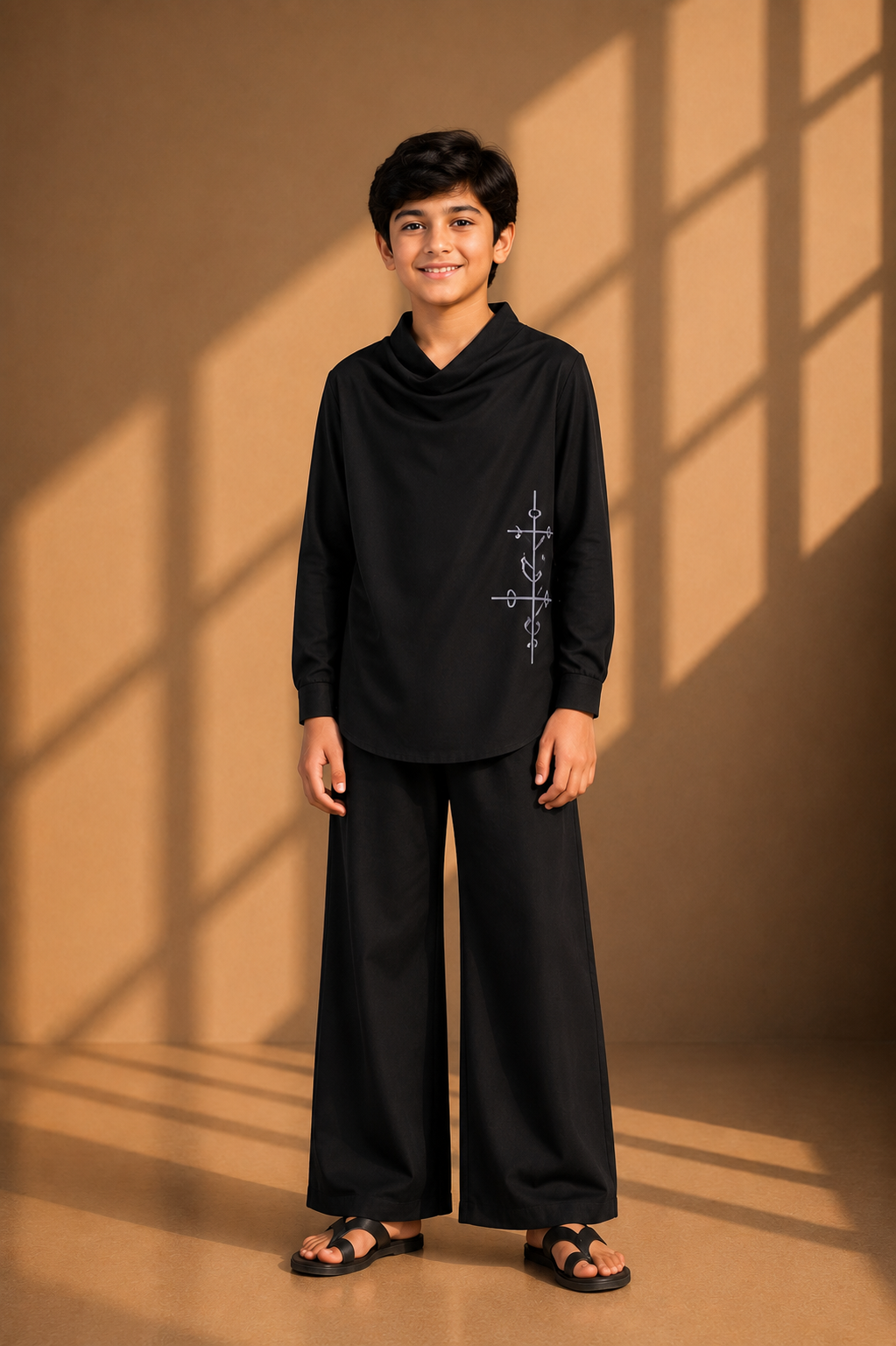 Black short crepe, cowl-neck kurta with thread embroidery detailing, paired with a matching plazzo