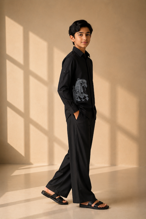 Black crepe shirt with hidden button placket and thread embroidery detailing, paired with a matching plazzo
