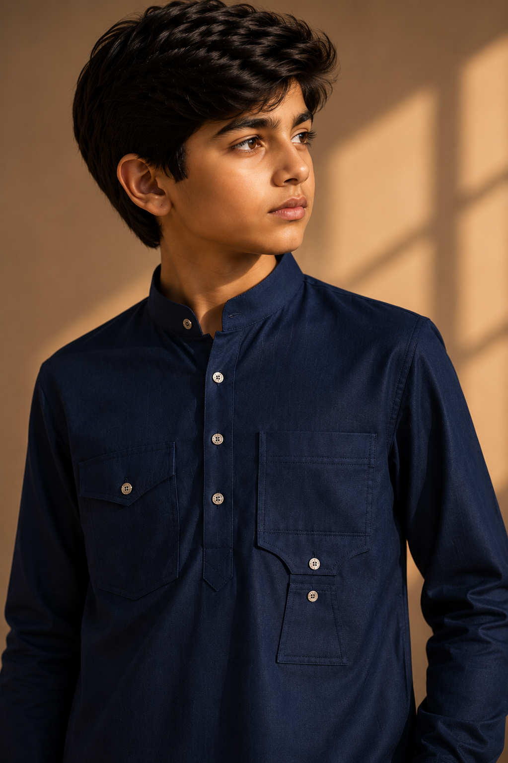 Navy blue linen short kurta with patch pocket detailing, paired with a matching plazzo