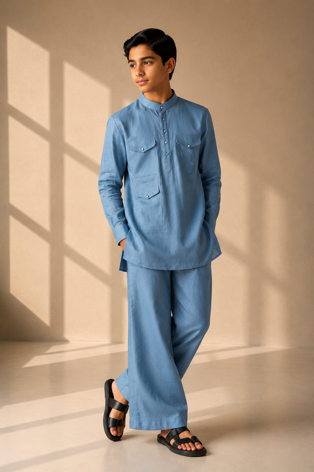 Sky blue linen short kurta with patch pocket & thread embroidery detailing, paired with a matching plazzo