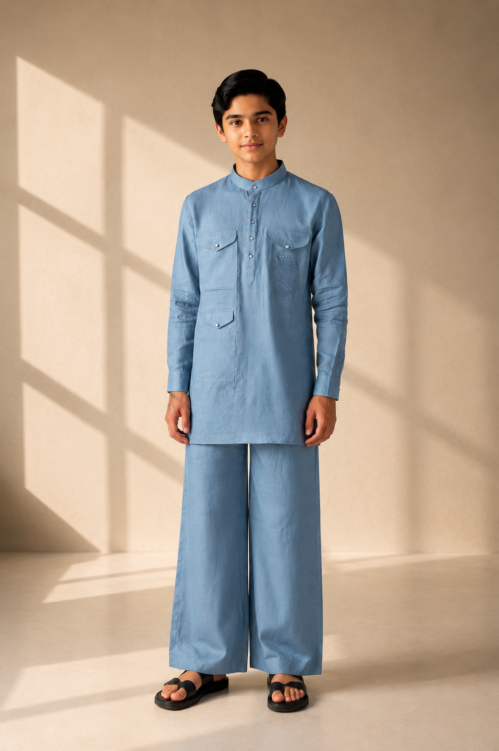 Sky blue linen short kurta with patch pocket & thread embroidery detailing, paired with a matching plazzo