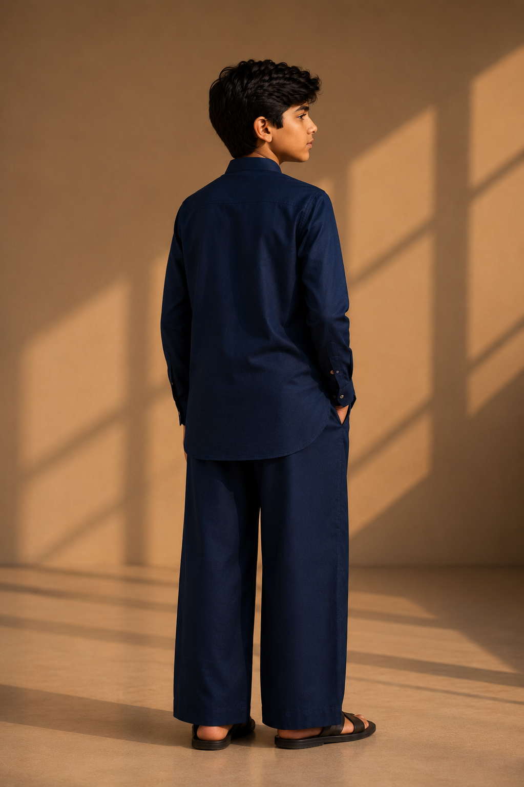Navy blue linen short kurta with patch pocket detailing, paired with a matching plazzo