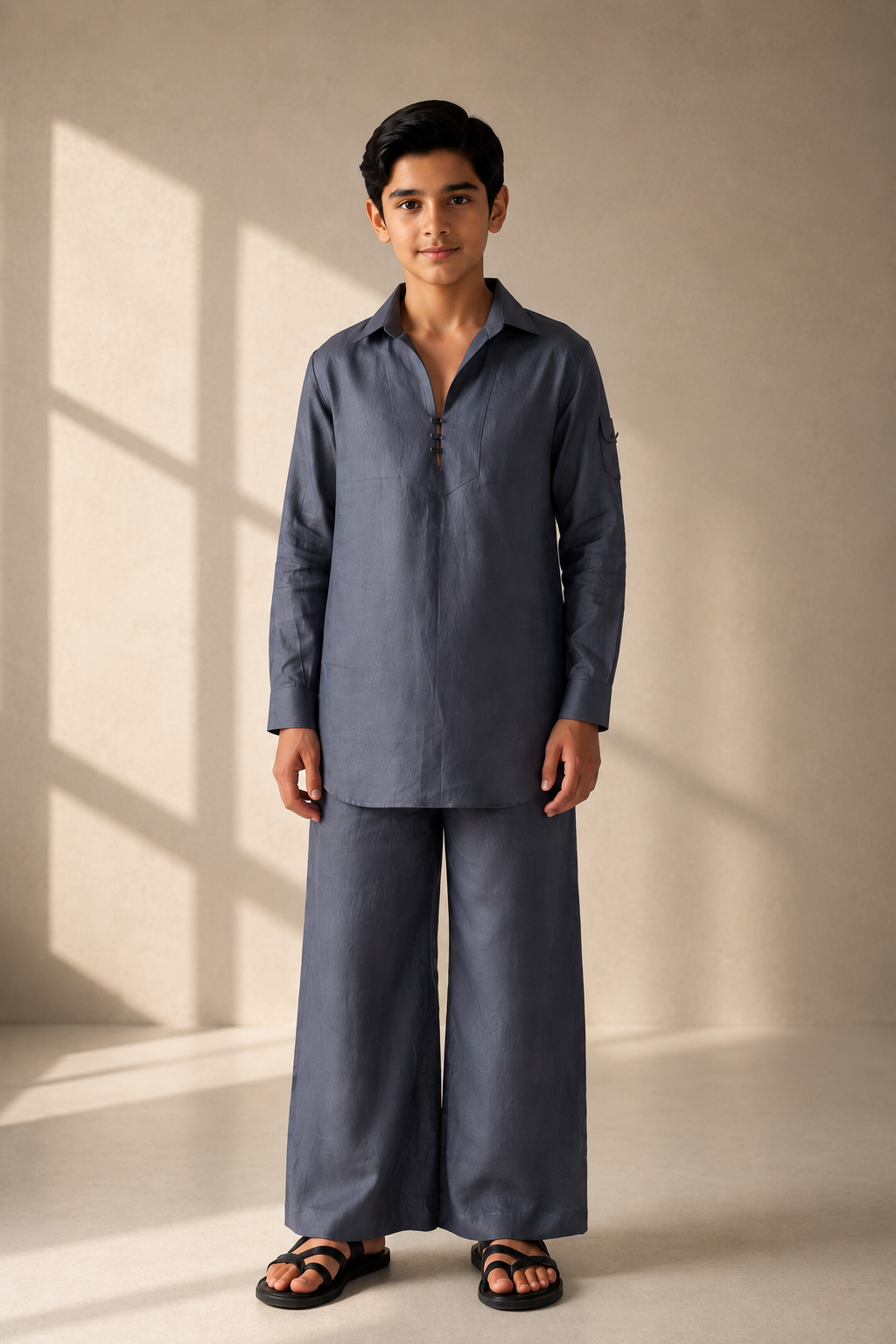 Grey short linen kurta with button detailing, paired with a matching plazzo