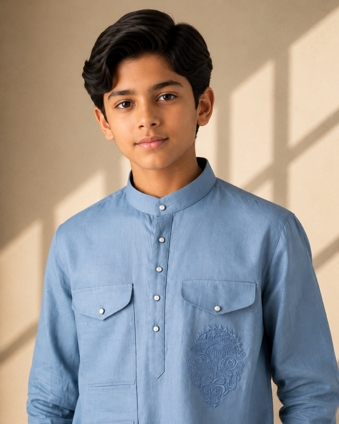 Sky blue linen short kurta with patch pocket & thread embroidery detailing, paired with a matching plazzo