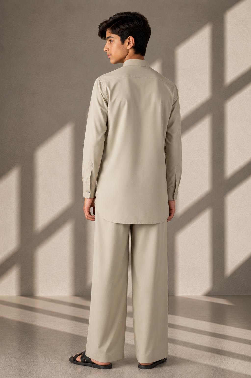 Beige short crepe kurta with patch pocket & thread embroidery detailing, paired with a matching plazzo