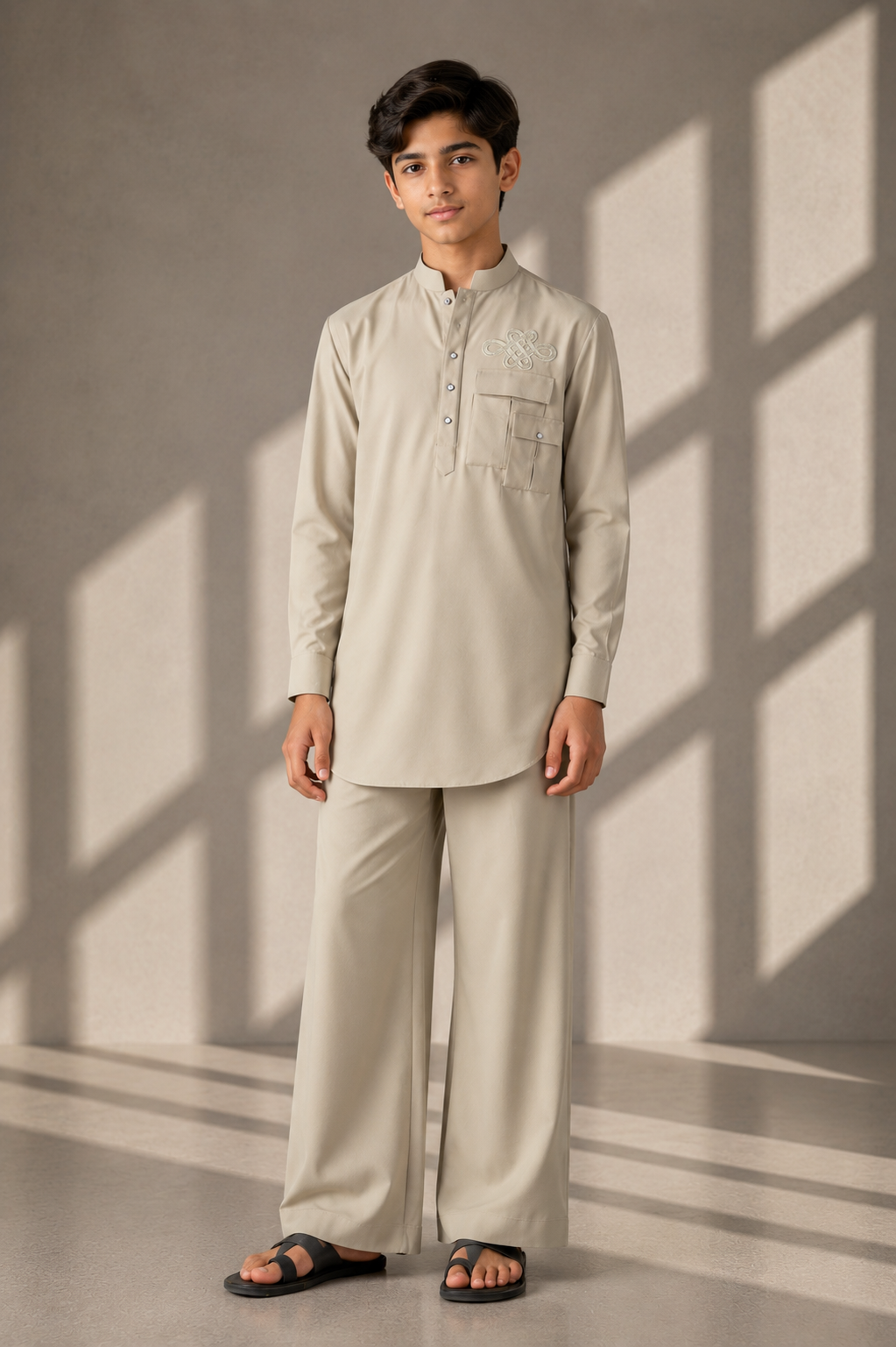 Beige short crepe kurta with patch pocket & thread embroidery detailing, paired with a matching plazzo